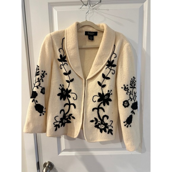 Peck & Peck Sweaters - Women's Cream 100% Wool Embroidered Sweater Cardigan Blazer Jacket Sz M